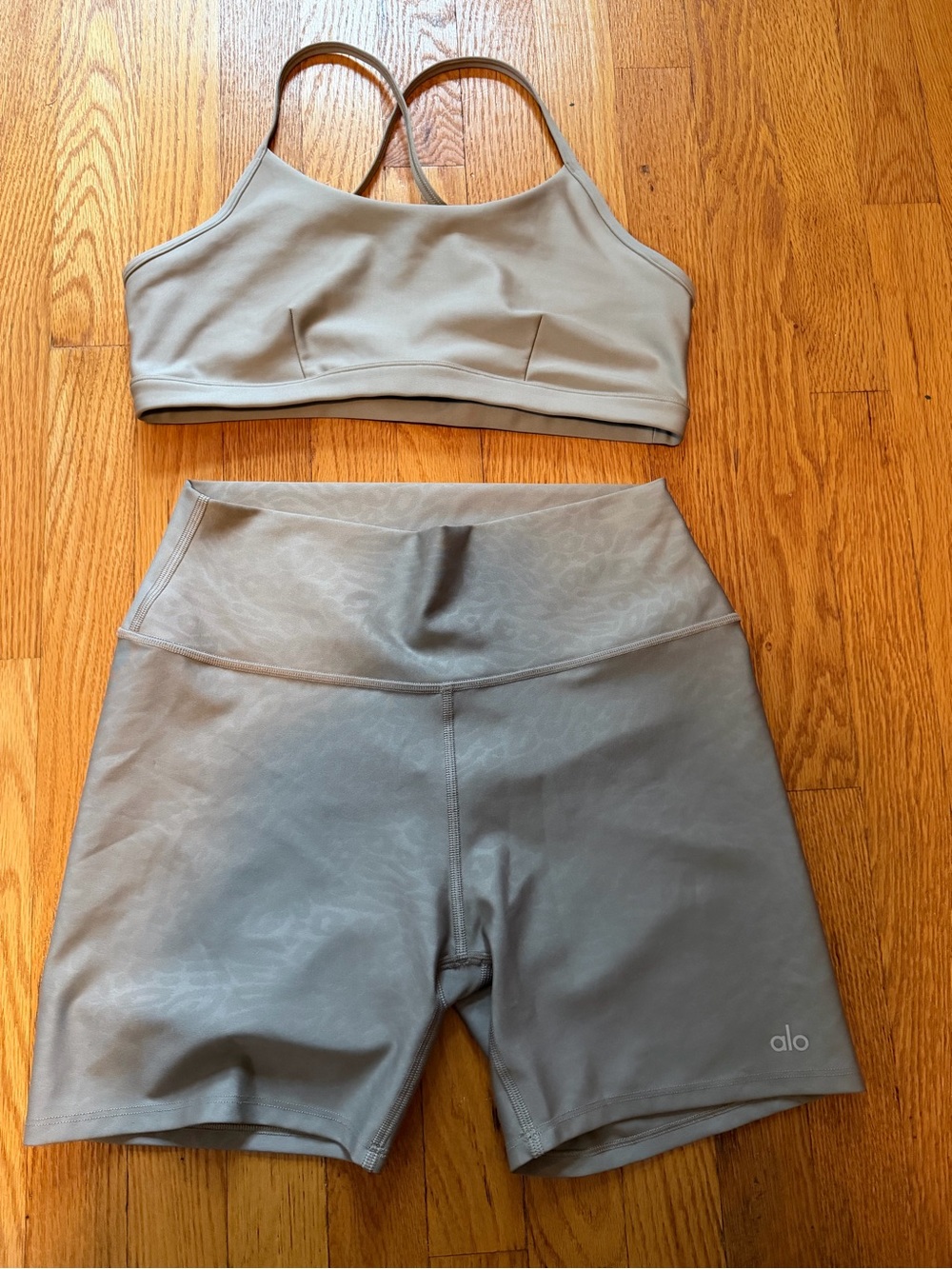 ALO Yoga High-Waist Bike Shorts and Crop Bra in Light Gray